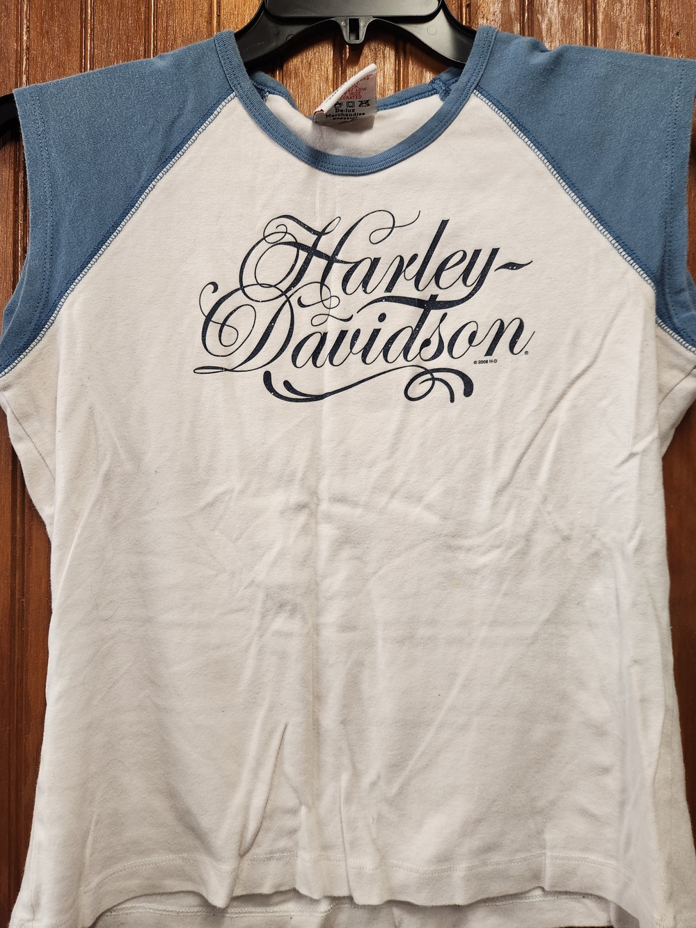 Harley-Davidson White Tee with Blue Raglan Sleeves